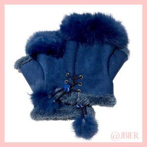 Adrienne Landau Rabbit Fur Fingerless Gloves in Blue